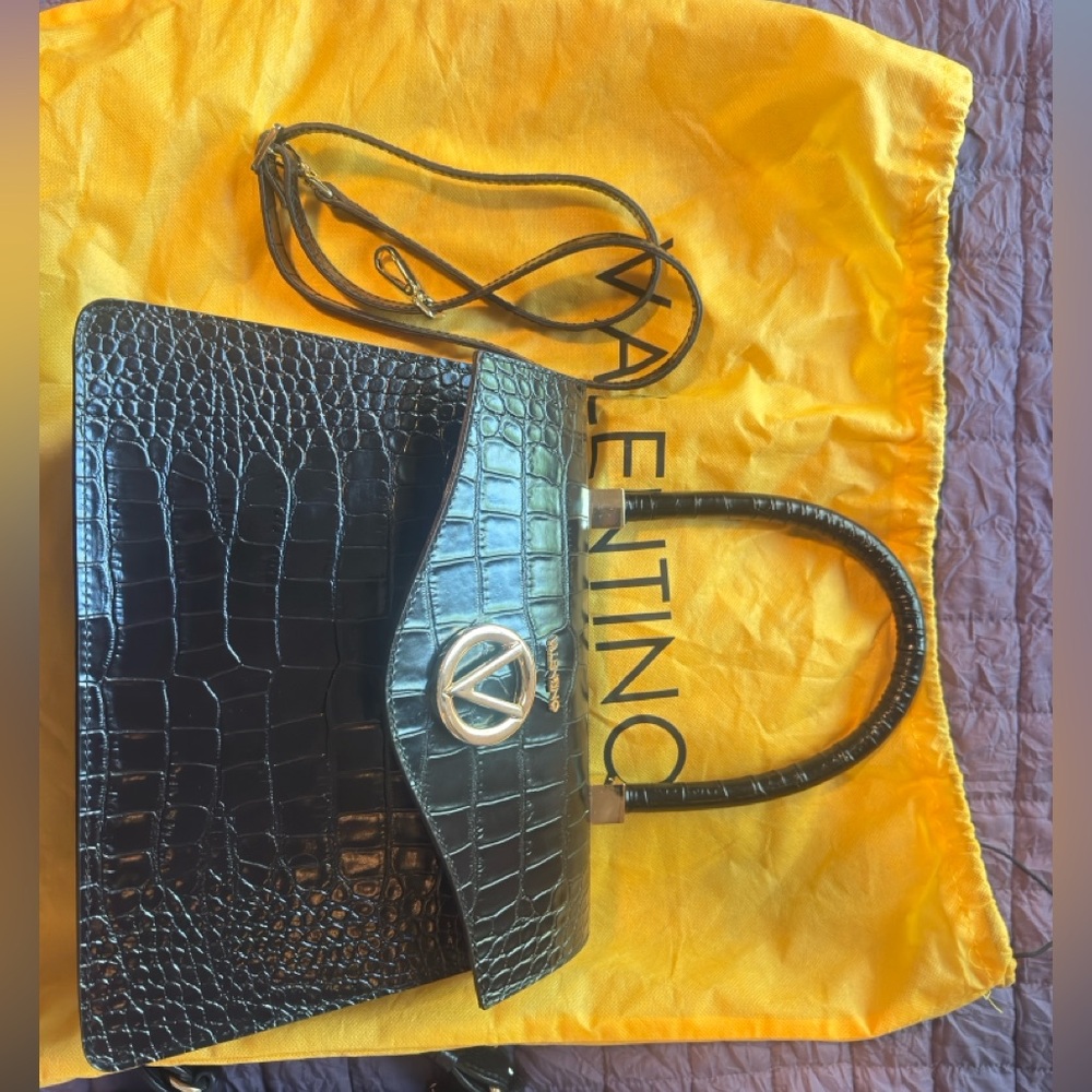 Valentino Black Croc-Embossed Shoulder Bag